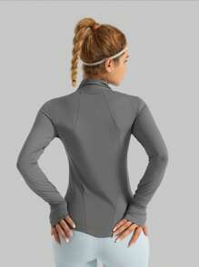 1 pieza Chaqueta de yoga de mujer de moda de primavera, sexy y delgada, unicolor, para uso diario, gimnasio, deportes, running, fitness, secado rápido, de bajo impacto, con cuello alto, abertura para el pulgar, para vacaciones, con cremallera, de manga larga, cómoda y suave, para deportes de verano al aire libre