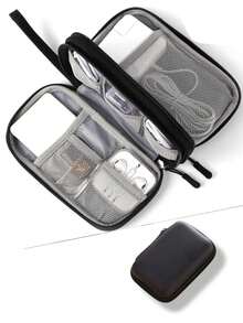 1pc 3-Layer Travel Tech Organizer, With Digital Cable Mesh Compartment, Waterproof Dual-Layer Portable Electronics Organizer Bag With Mesh Pocket And Zipper Divider, Durable Polyester Portable Cable Storage Pouch For Cords, Cables, Phones, Earphones, Adapters, Power Banks, Chargers And Small Items