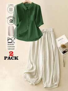 女士舒适休闲亚麻灯笼裤搭配宽松休闲衬衫，组成日常家居花园套装。 - 綠色/杏色 - 查看 1