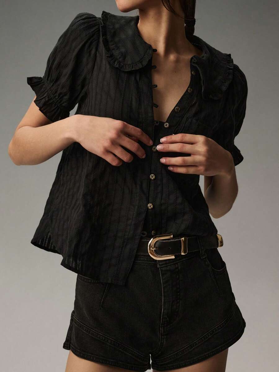 Women Y2k Puff Sleeve Peter Pan Collar Shirt Tops Button Down Boho Floral Print Ruffle Blouse Summer Cotton Babydoll Top - 黑色 - 查看 1