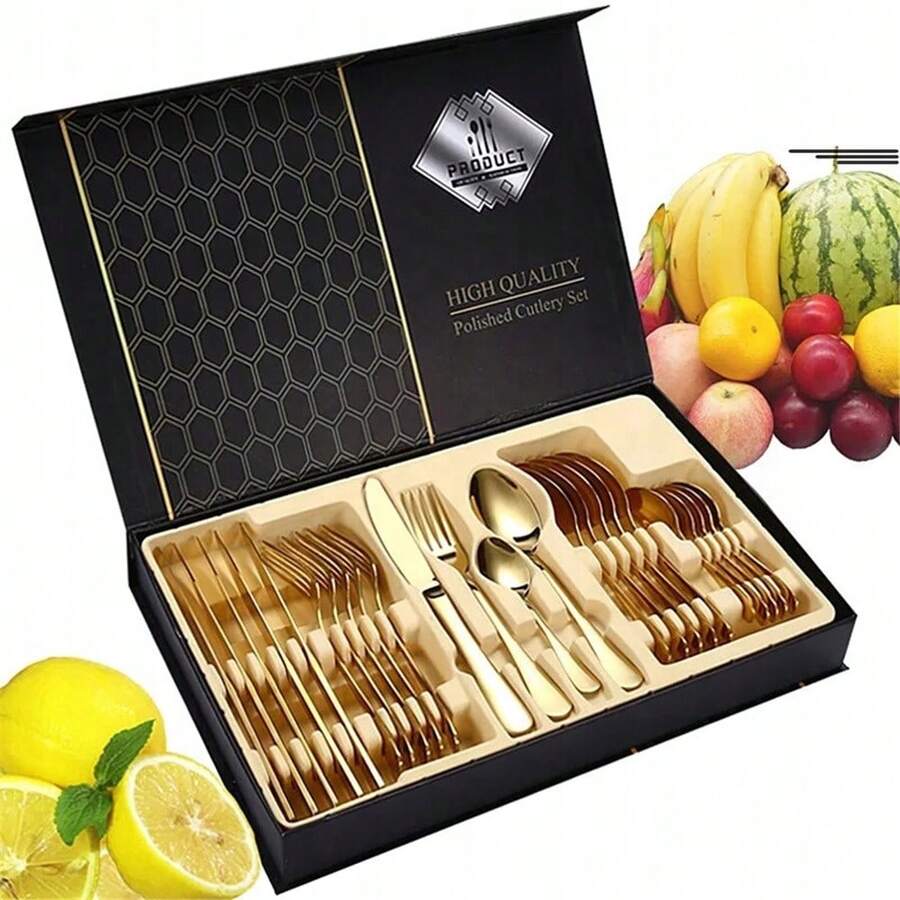 24-PIECE STAINLESS STEEL CUTLERY SET FOR 6 PEOPLE – GOLD LUXURY CUTLERY Dishwasher Friendly