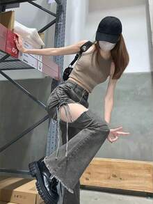 女士时尚镂空抽绳磨边喇叭裤脚牛仔裤 - 灰色 - 查看 5