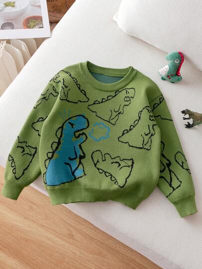 Young Boy Cute Dinosaur Pattern Knitted Pullover Sweater, Suitable For Daily, Vacation, Spring, Autumn, Winter