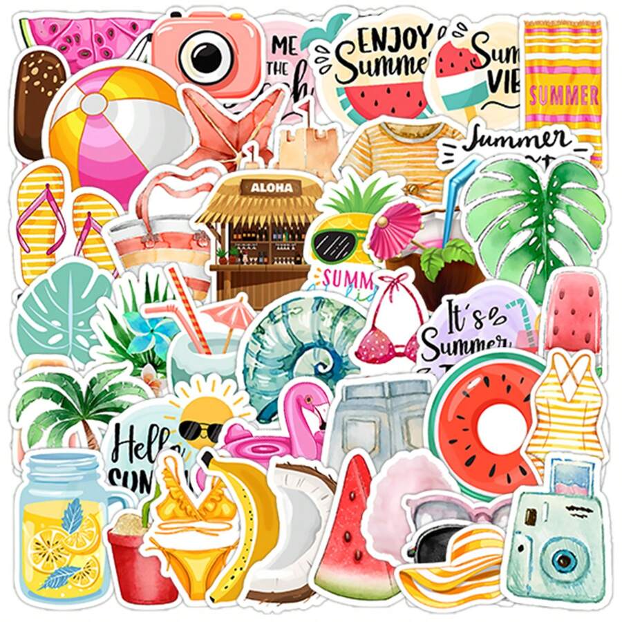 50pcs Cute Cartoon Summer Beach Party Graffiti Stickers, Travel Scenery Surfing Volleyball Craft Supplies & Stickers, Durable Stickers, Packaging Sealing Label Stickers, For Party, Scrapbook, Gifts, Journaling, Laptop, Skateboard, Bottles, Phone, Notebooks, Posters, Car