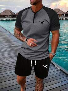 男士夏季印花拼色短袖 T 恤和短裤套装，时尚休闲海滩度假运动装，撞色缝线，口袋，抽绳腰裤，2 件套，适合钓鱼、篮球、露营、健身房，送给男朋友/丈夫的礼物