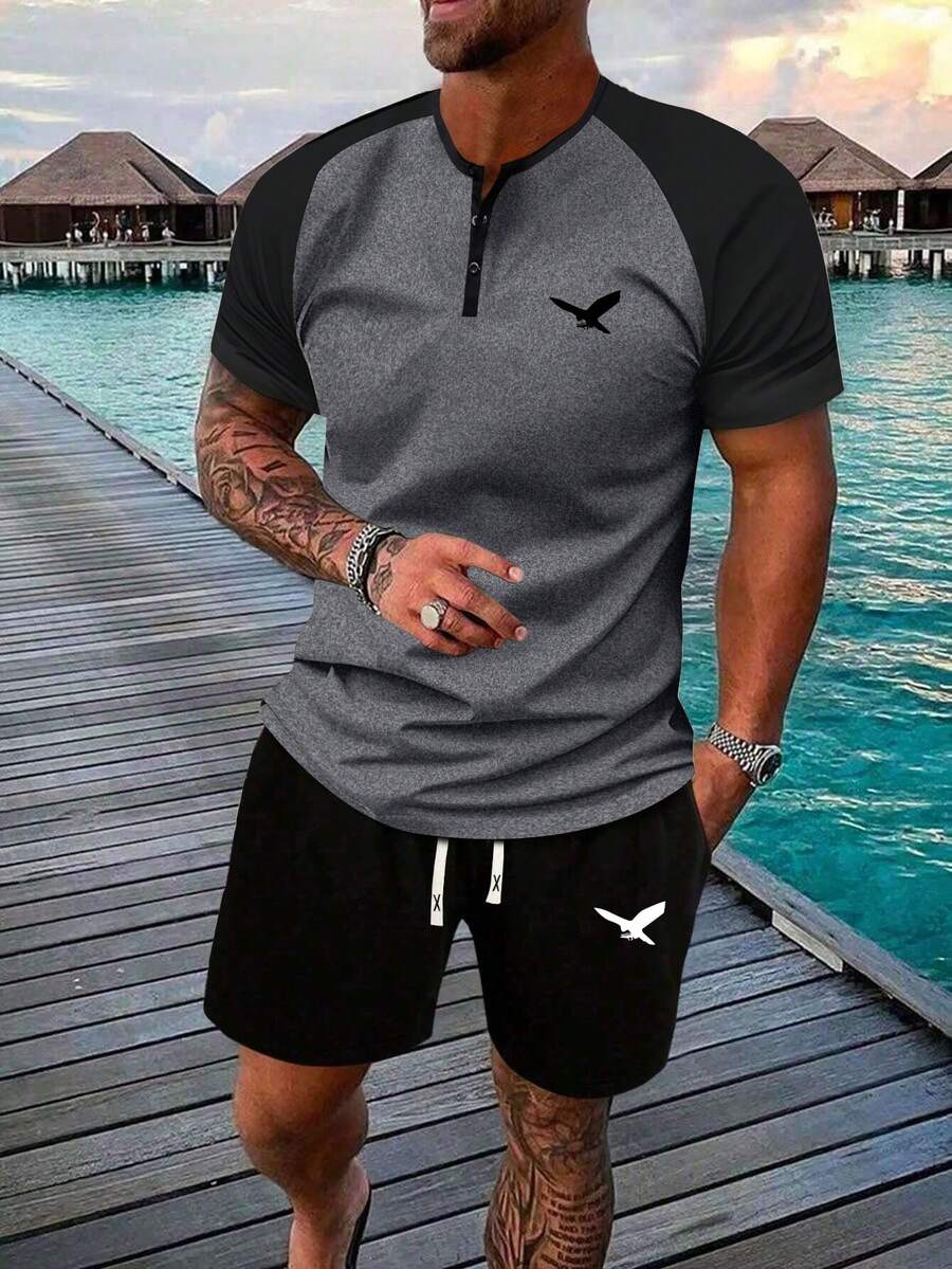 男士夏季印花拼色短袖 T 恤和短裤套装，时尚休闲海滩度假运动装，撞色缝线，口袋，抽绳腰裤，2 件套，适合钓鱼、篮球、露营、健身房，送给男朋友/丈夫的礼物