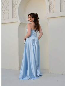 Long Party Dress With Satin Fabric And Slit For Bridesmaids Wedding - Serenity Blue - View 2