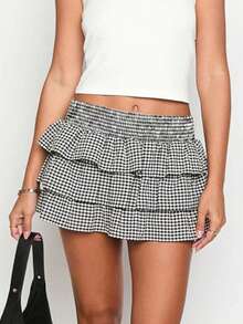 Womens Mini Skirt Plaid Tiered Ruffle Elastic Low Waist A-Line Cake Skirts For Beach Club Streetwear - màu đen - Xem 2