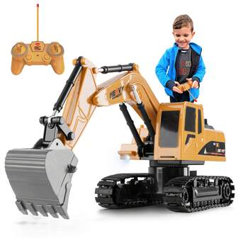 JCMO 建筑挖掘机 - 玩具工程挖掘机卡车，遥控充电液压车，适合 6 7 8 9 岁男孩女孩，益智生日礼物