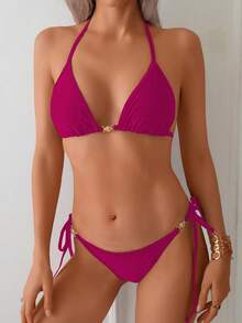 New Solid Color Chain Decor Sexy High Stretch Shiny Fabric Halter Women Swimsuit Set - Rose Red - View 2
