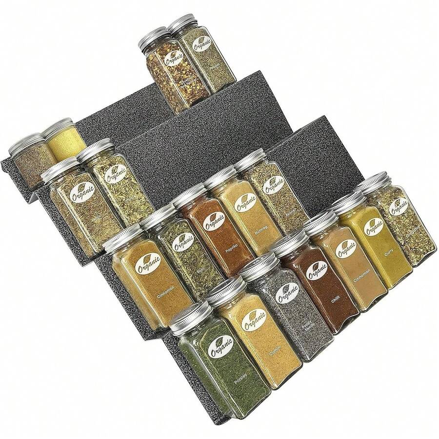 Organizador de cajones de especias de acero de calibre pesado de 4 niveles, bandeja de inserción de cajones para tarros, hierbas y condimentos, almacenamiento de clóset de cocina - Bandeja para especias de 13-1/4" - Grande - Ver 1