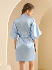 Women's Silk Nightgown Wedding Dressing Robe Lightweight Cardigan Robe Bridal Morning Robe Friend's Robe, Suitable For Home And Hotel Wear. - Light Blue - View 3