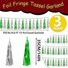 3P Metallic Fringe Tassel Banner Garland Foil Tinsel Streamer Wall Hanging Curtain Backdrop Banner For Parade Floats, Graduation Decorations, Father's Day Party Decoration(Silver)Halloween Christmas New Year - Green Silver - 查看 2