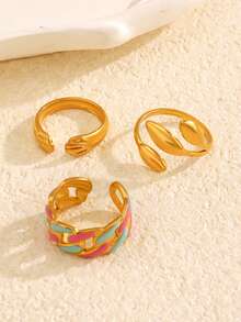 Set Cincin Terbuka Rantai Daun Minimalis Berlapis Emas 18K dari Stainless Steel (3 buah), Cocok untuk Pemakaian Sehari-hari Wanita - MultiWarna - View 7