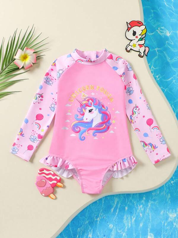 1 pièce Maillot de bain à manches longues col rond avec fermeture éclair et imprimé écailles de sirène pour filles