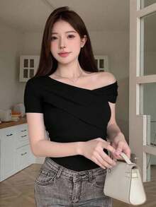 New Sexy Slash Neck Cutout Clavicle T-Shirt, Women Short Sleeve Fitted Unique Design Top - Black - View 1