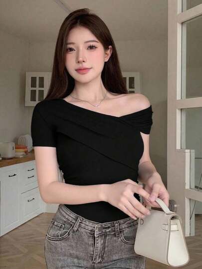 New Sexy Slash Neck Cutout Clavicle T-Shirt, Women Short Sleeve Fitted Unique Design Top