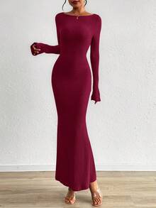 Women's Fall Fashion  Long Sleeve Maxi Dress Ribbed Knit Boat Neck Bodycon Casual Dresses Going Out Outfits - 酒紅色 - 查看 3