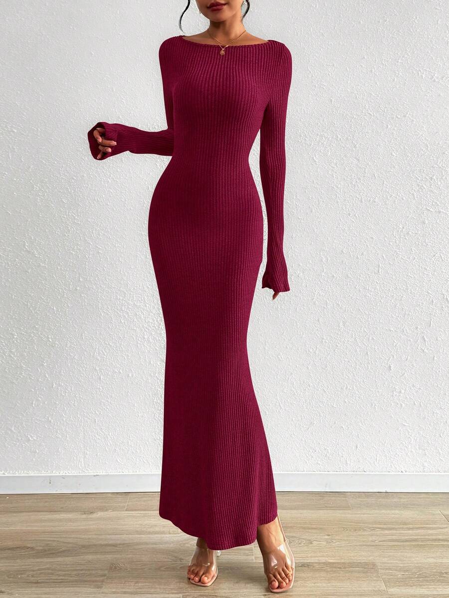 Women's Fall Fashion Long Sleeve Maxi Dress Ribbed Knit Boat Neck Bodycon Casual Dresses Going Out Outfits - 酒紅色 - 查看 1