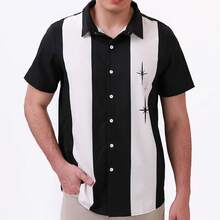 Vintage 1950s Casual Short Sleeve Button Up Contrast Summer Color Block Cuban Bowling Shirts Men - 星星 - 查看 5