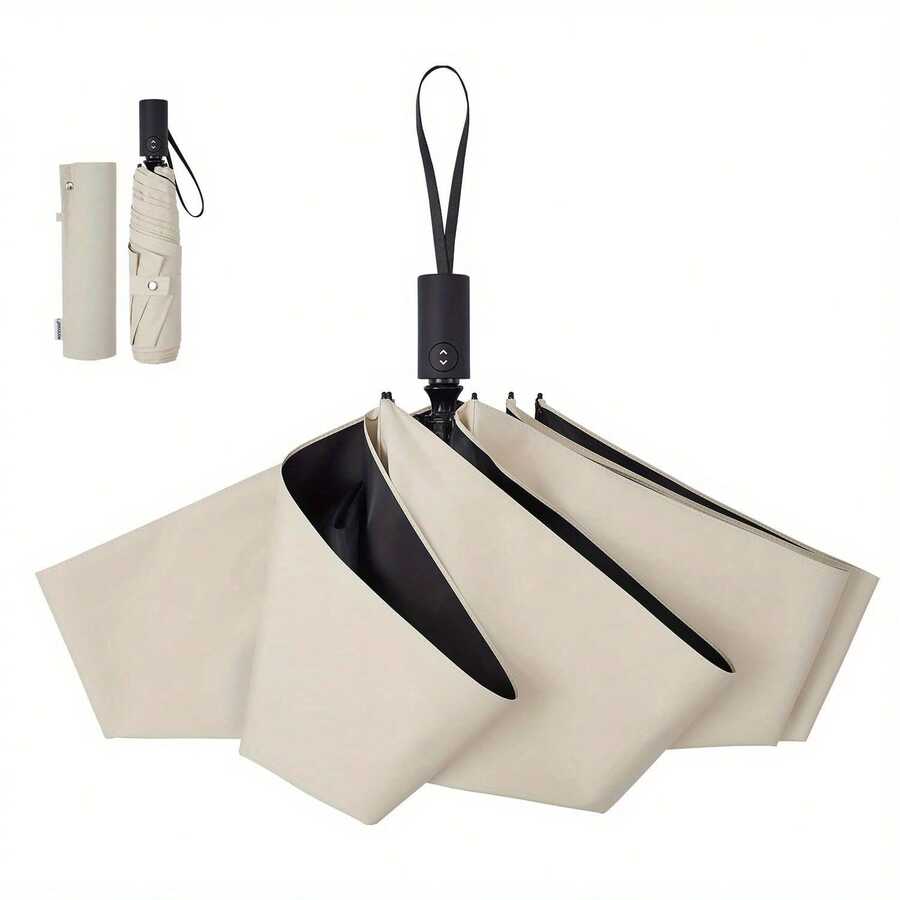 Foldable Portable Travel Umbrella - Lightweight Carbon Fiber With UV Protection, Auto Open/Close On Rainy Or Sunny Days, Sturdy 6-Frame Design, Bright Colors (Beige/Light Green/Mint Green/Gray) And Stylish Feather Pattern, Rainproof Umbrella For Daily Outdoor Use. - Beige - View 1