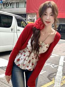 Y6Y 1pc Women's Cardigan Long Sleeve Knitted Cropped Jacket, High Stretch & Lightweight, Suitable For Layering With Camisoles - Red - View 4