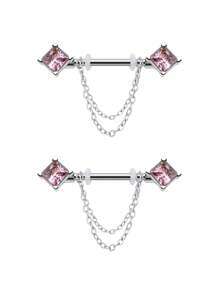 CIZME Set de 2 piezas de anillos colgantes para pezones de 14G para mujeres, de acero inoxidable con palabra de fantasía, corazón, mariposa, CZ, flor, barra de 16mm y cadenas, anillos para pezones sexy y lindos, joyería de perforación