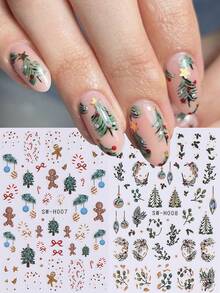 2 张圣诞美甲贴纸，带姜饼人拐杖糖冬青花环球节日指甲贴花 DIY 装饰滑块美甲 3D 自粘指甲用品，适合节日冬季 - 彩色 - 查看 1