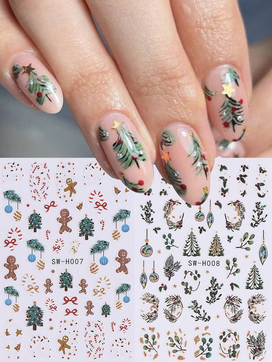 2 张圣诞美甲贴纸，带姜饼人拐杖糖冬青花环球节日指甲贴花 DIY 装饰滑块美甲 3D 自粘指甲用品，适合节日冬季 - 彩色 - 查看 1