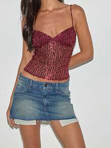 Women's Summer Sequin Tops Spaghetti Strap Sleeveless Backless Fashion Vest Clubwear For Party Holiday - 酒紅色 - 查看 3