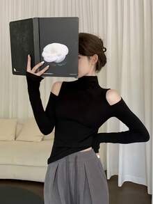 高领镂空肩针织T恤，女士修身长袖汗衫，秋冬季 - 黑色 - 查看 8