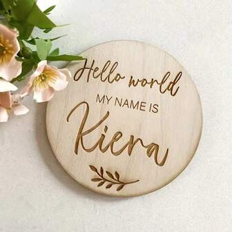 1pc Customized Wooden Pregnancy Announcement Round Plaque, Customize Name & Due Date Footprint Logo, Photography Prop, Newborn Parent Keepsake Gift For Expecting Mothers, Natural Wood, "Hello World" Birth Announcement Wooden Disk, DIY Personalized Laser Engraved Newborn Baby Name Leaf Photo Decor Plate