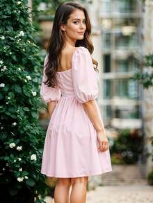 Vestido Corto de Escote Cuadrado con Manga Abullonada Casual para Mujer - Rosa Pálido - Ver 4
