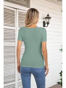 Womens Fashion Fall Cutout Long Sleeve Ribbed Slim Fitted Tops Shirts Tee Tshirts - Short-moss Green - View 4