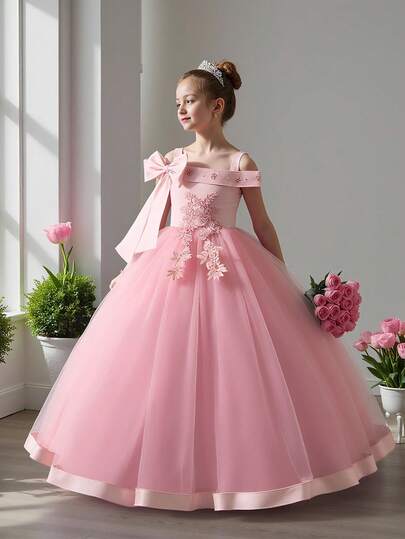 少女仿珍珠贴花蝴蝶结网纱优雅生日派对礼服，适合婚礼、舞会等场合，不含头饰