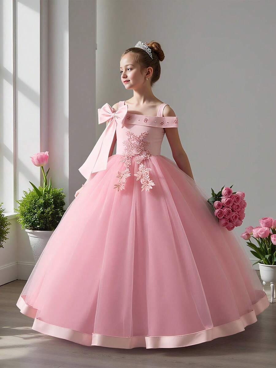 少女仿珍珠贴花蝴蝶结网纱优雅生日派对礼服，适合婚礼、舞会等场合，不含头饰 - 藕粉色 - 查看 1