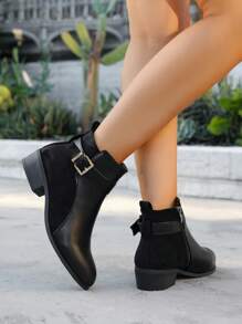 女士黑色时尚英伦风格 PU+麂皮拼接鞋头，经典搭扣装饰，侧拉链百搭踝靴，织物衬里保暖透气，橡胶平底舒适耐用，优雅短靴，适合秋冬，女士靴子 - 黑色 - 查看 3