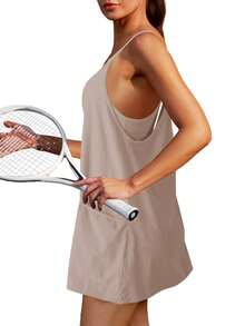Womens Sleeveless Athletic Hot Shot Mini Dress With Built-In Shorts Sundress - Khaki - View 3