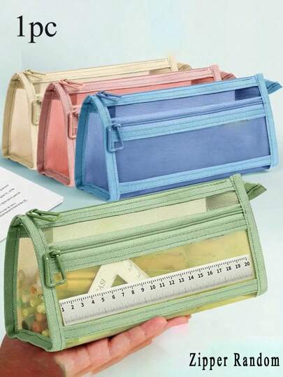 1-delige etui van gaas, duurzame etui van gaas, multifunctionele tas met rits en grote capaciteit, opbergtas voor examens, gelpennen en andere kantoor- en studiebenodigdheden. Opbergtas voor etui, een must-have voor de start van het schooljaar, geschikt voor het opbergen van schoolspullen en cosmetica.