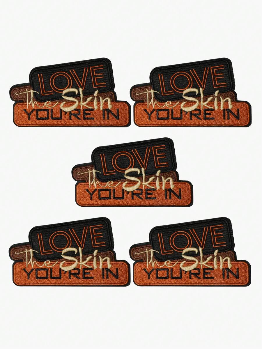 5pcs "Love The Skin You're In" Embroidered Patches, Retro Casual Patches, Positive Energy, Inspirational Patches, Self-Love Badges, Heart Story Badges, Iron-On/Sew-On, Suitable For Clothes, Backpacks, Hats - 彩色 - 查看 1