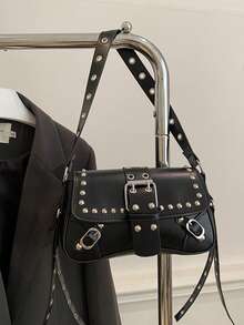 Fashionable Solid Color Rivet Decoration Armpit Foreskin Buckle Flip Shoulder Bag, Suitable For Shopping, Wallets, Shopping, Young Women, College Students, Newcomers, White-Collar Workers. They Are Very Suitable For Offices, Universities, Work, Business, Commuting, Outdoor Activities, Travel, And Outings - Black - View 10