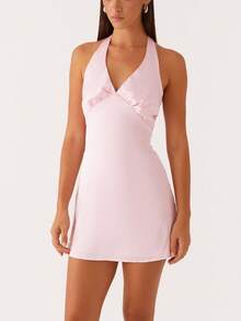 Women's Halter Neck Mini Tank Dress Sleeveless Deep V Neck Tie Back Solid Color/Floral Bodycon Short Dress Summer Backless Going Out Dresses College Graduation Party Club Y2k Dress - 粉色 - 查看 4