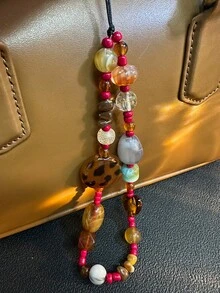 Retro Leopard Print Beaded Phone Lanyard, Elegant Short Wrist Strap Charm, Camera Hanging Accessory For Women. Note: Bead Colors May Vary Slightly Due To Batch Differences. - 棕色 - 查看 8