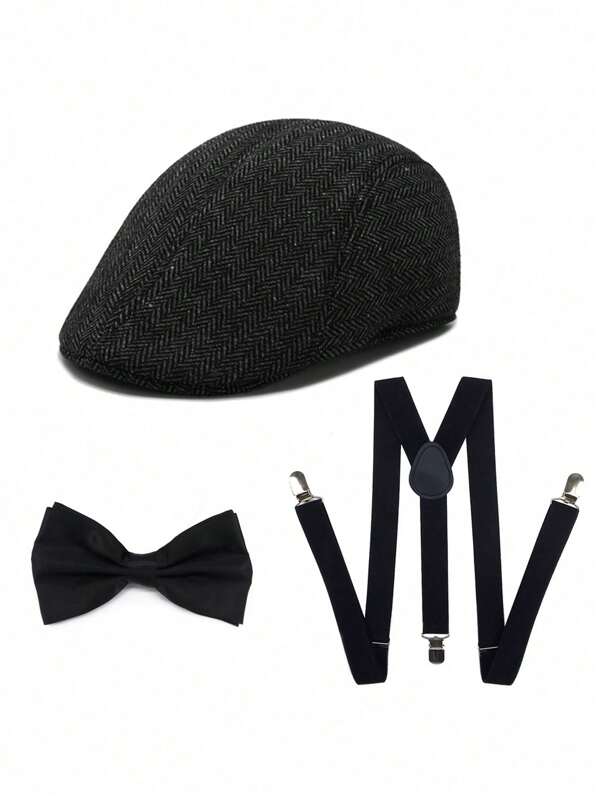Nouveau style de mode gentleman, ensemble de 3 pièces pour performance sur scène, fête à thème : béret, bretelles, nœud papillon. Halloween