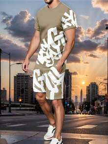 Men's Letter Print Short Sleeve T-Shirt & Shorts Casual 2pcs Set - Khaki - View 2