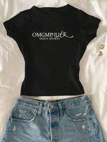 American Hot Girl 圆领短袖T恤，夏季新款字母印花，短款修身女上衣 - 黑色 - 查看 8