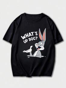Warner Bros Collaboration Cartoon Print Short Sleeve T-Shirt, Casual For Men Summer