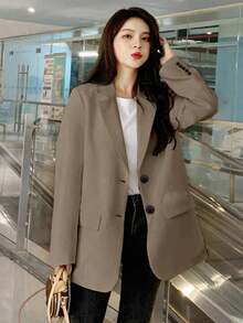 Blazers de Mujer, Mujeres casual suelta otoño Inglaterra delgada chaqueta de negocios ,Blazer informal de poliéster con cuello de solapa, botones al frente, manga larga y bolsillos para mujer, corte regular para uso diario - Caqui - Ver 4