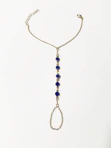 1 件女士不锈钢 5 件圆形绿色锆石手背手指链手链，时尚珠宝，18K 镀金 - 寶藍色 - 查看 2