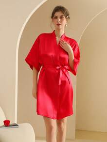 Women's Silk Nightgown Wedding Dressing Robe Lightweight Cardigan Robe Bridal Morning Robe Friend's Robe, Suitable For Home And Hotel Wear. - Bright Red - View 7